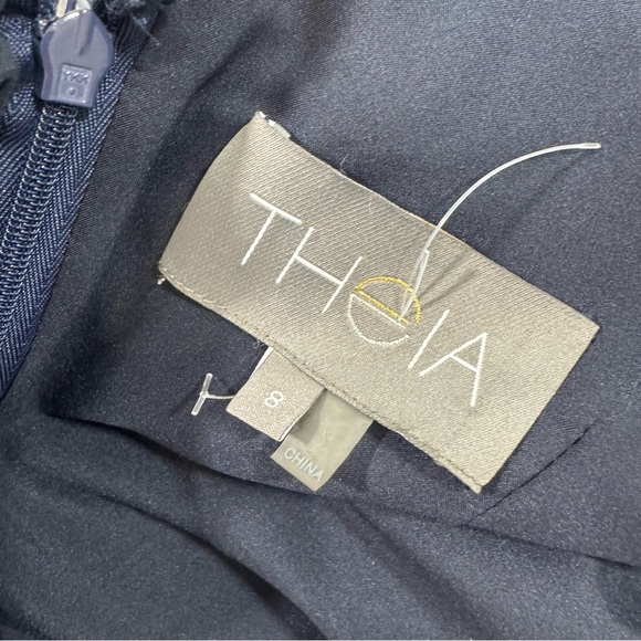 Theia Jacquard Nautical Stripe Midi Dress Blue Cap Sleeve V Back - Picture 5 of 12